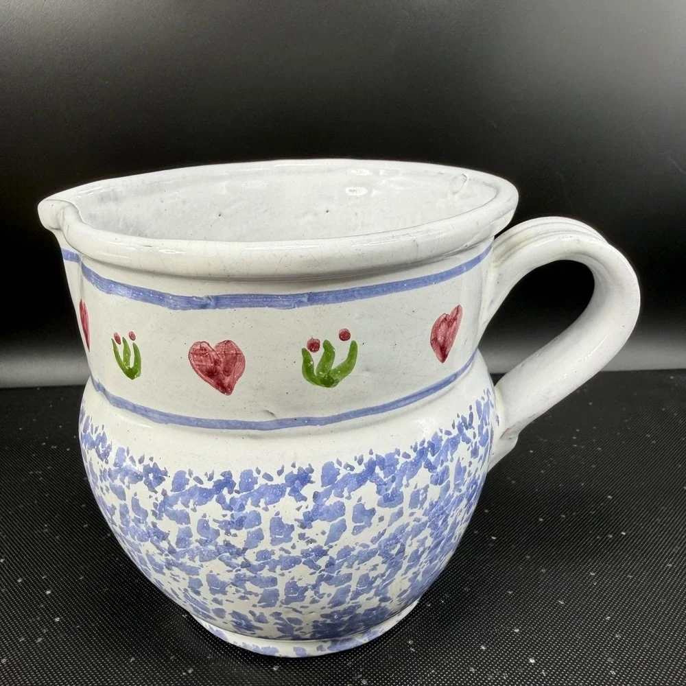 Vintage MM Portugal Hand Painted Terracotta Pitcher Blue‎ Sponge Heart Folk Art